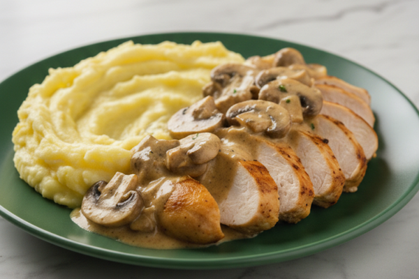 Émincé de Poulet Sauce Forestière et Purée Onctueuse