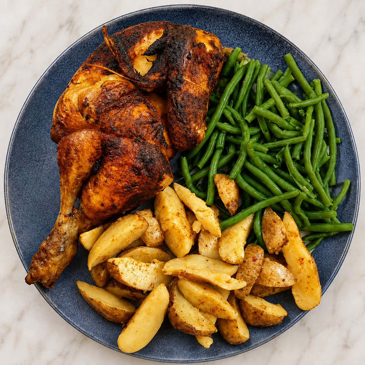 Cuisse de poulet braisé avec Potatoes et haricots verts