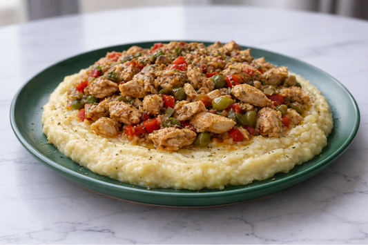 Escalope de poulet effiloché aux légumes et purée de pomme de terre maison
