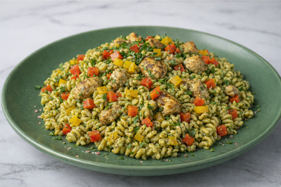 Fusilli au Pesto et Poulet Haché aux Poivrons