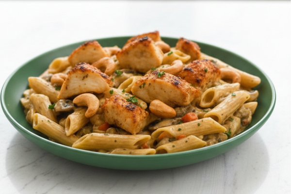 Pâtes Pennes aux champignons avec escalope de poulet et noix de cajous