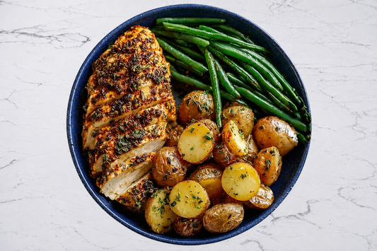 Poulet rôtis avec potatoes et haricots verts